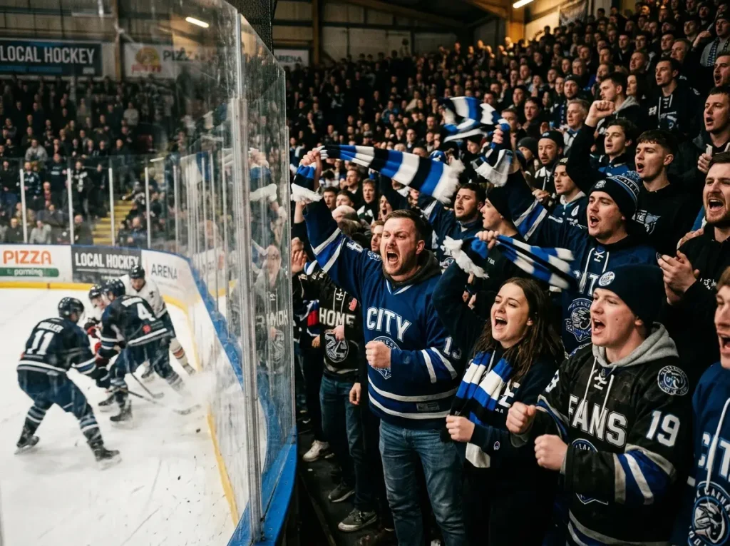 Loud partisan crowd close to the ice at a small UK hockey arena
