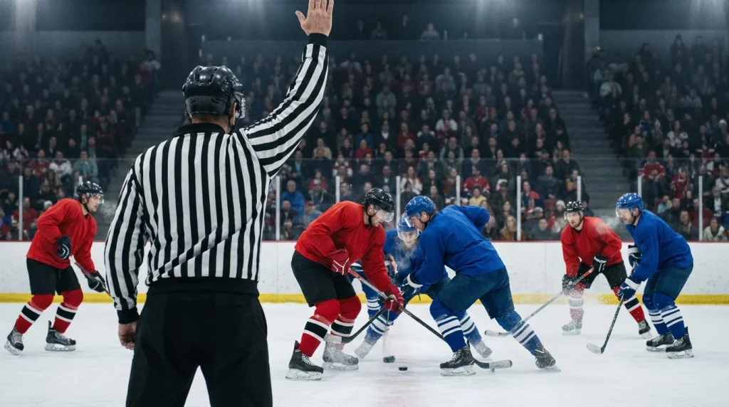 Referee with arm raised signalling a delayed penalty