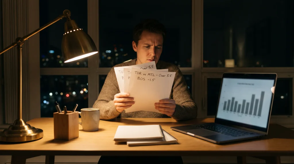 Bettor reviewing first-period unders for the night's slate
