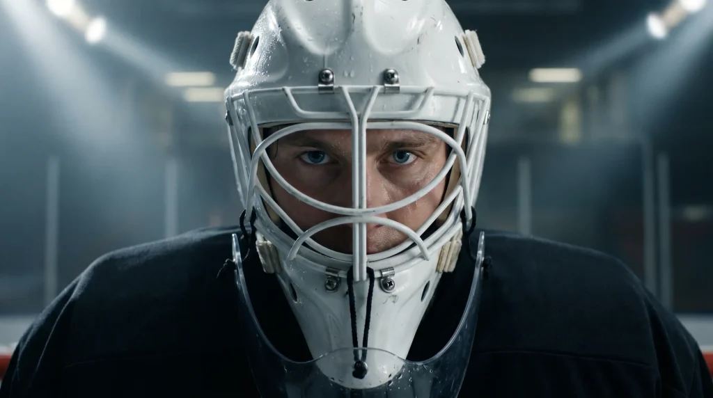 Close-up of a playoff goaltender's focused eyes through the mask