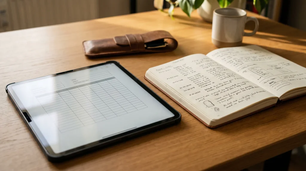 Playoff portfolio tracking spreadsheet on a tablet beside a notebook