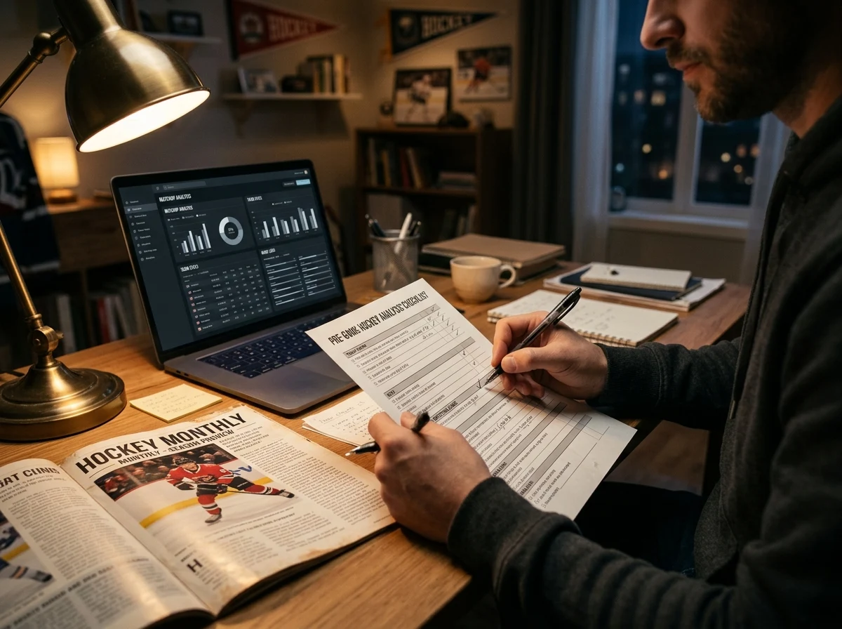 Hockey bettor running through a written pre-bet checklist with notebook and laptop
