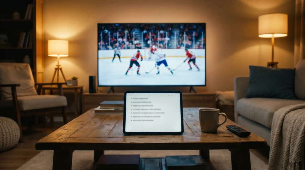 Pre-bet acca checklist on a tablet next to a hockey broadcast