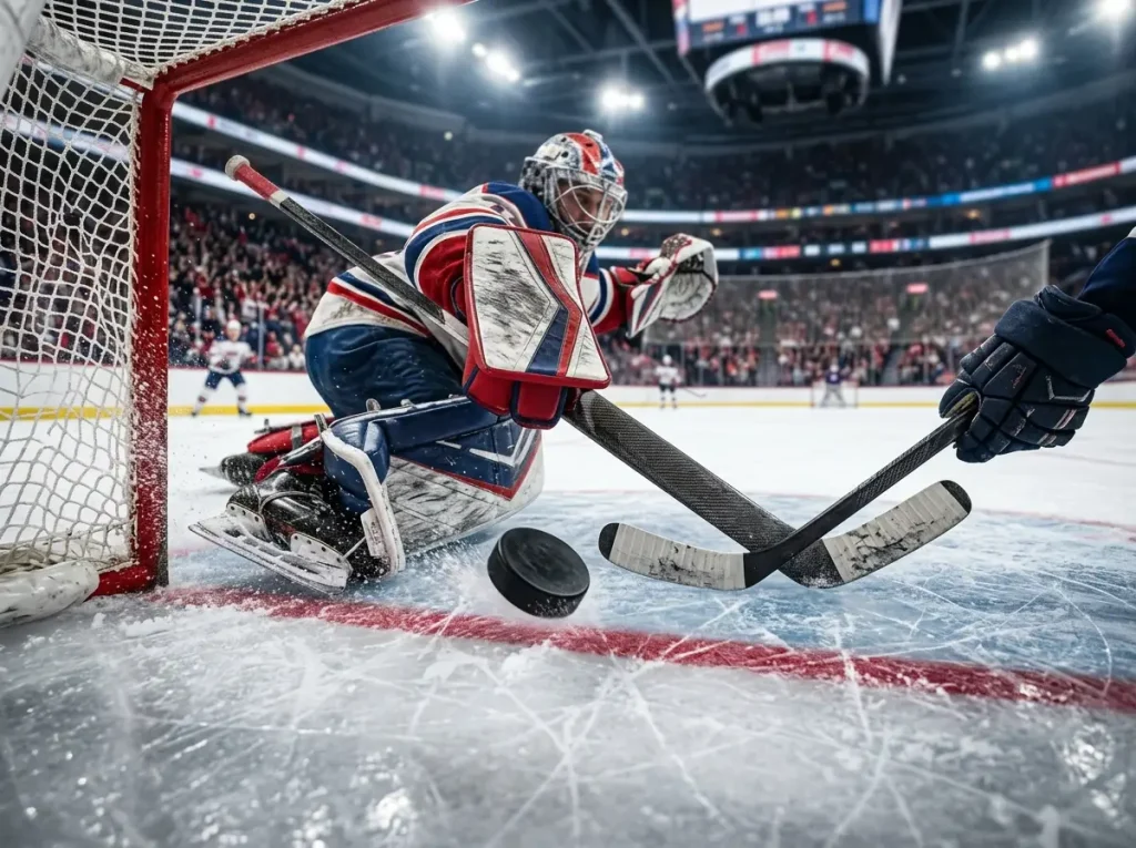 Ice hockey goal mouth with the puck crossing the line during a close game