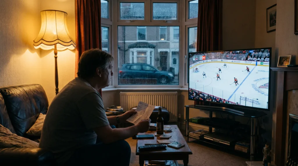UK punter watching an NHL conference final on TV while reviewing a futures ticket