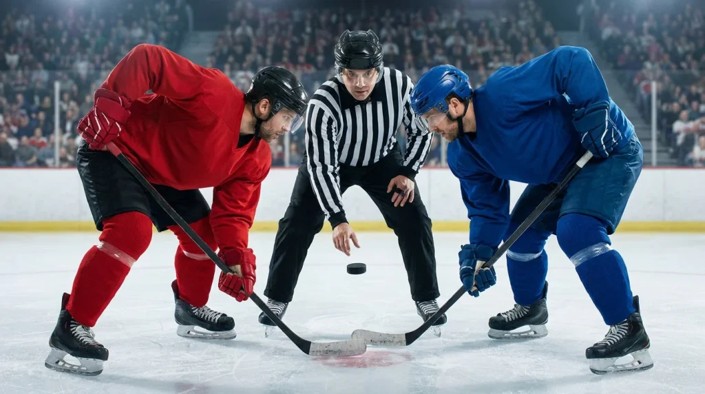 NHL referee preparing to drop the puck for a faceoff with players leaning in
