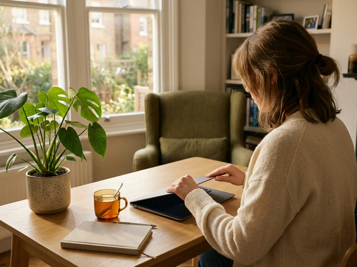 Person at a calm home desk closing a laptop after setting deposit limits
