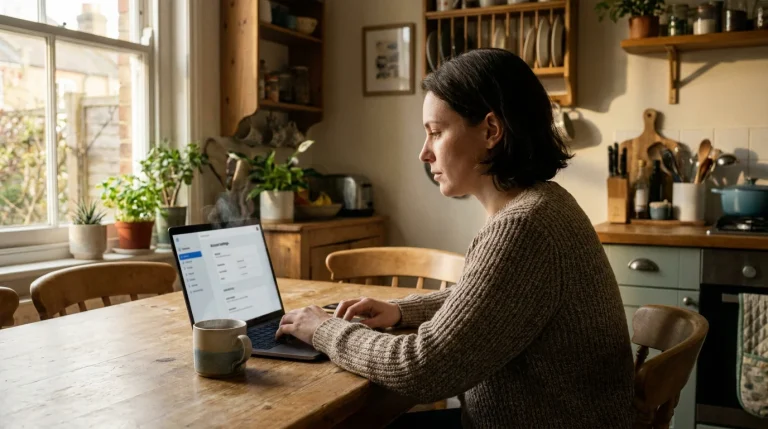 UK hockey bettor calmly reviewing account limits on a laptop at a kitchen table