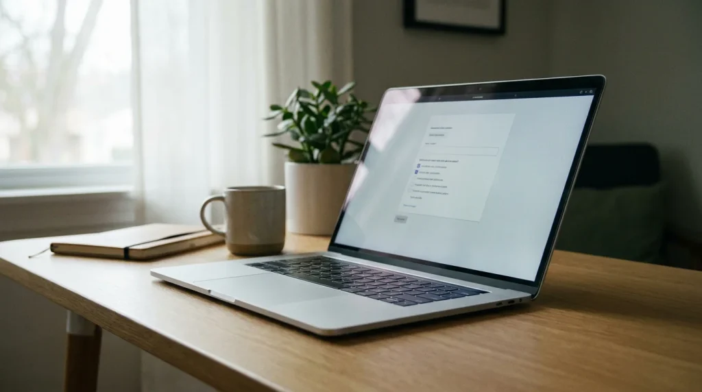 Self-exclusion form open on a laptop in a quiet home office