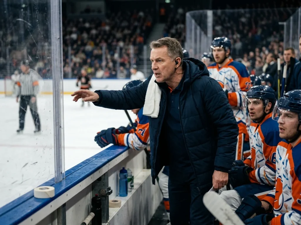 EIHL head coach behind the bench during a tight third period
