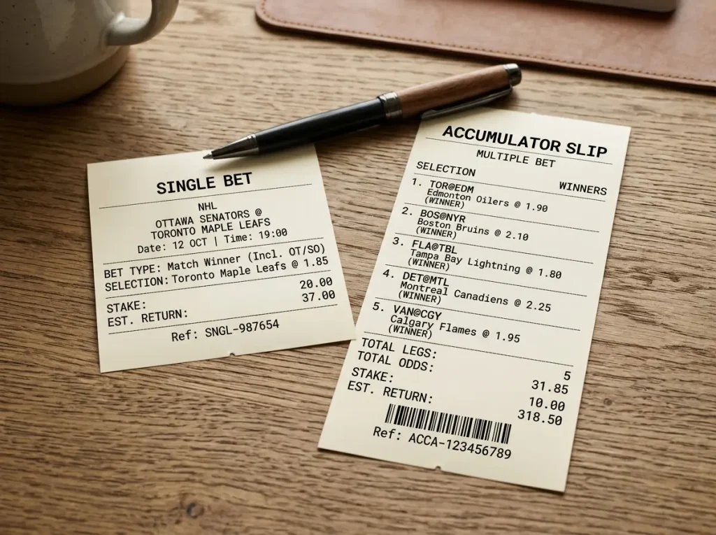 Single-match betslip placed next to a multi-leg acca slip on a desk