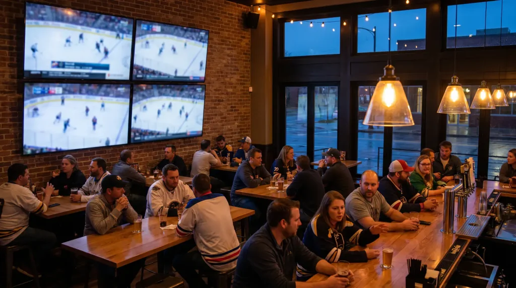 Sports bar with multiple TVs showing different NHL games on the same night
