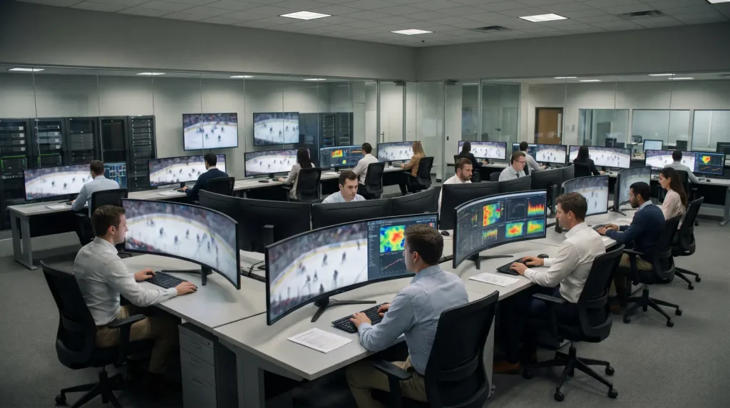 Sports integrity monitoring centre with analysts watching multiple game feeds