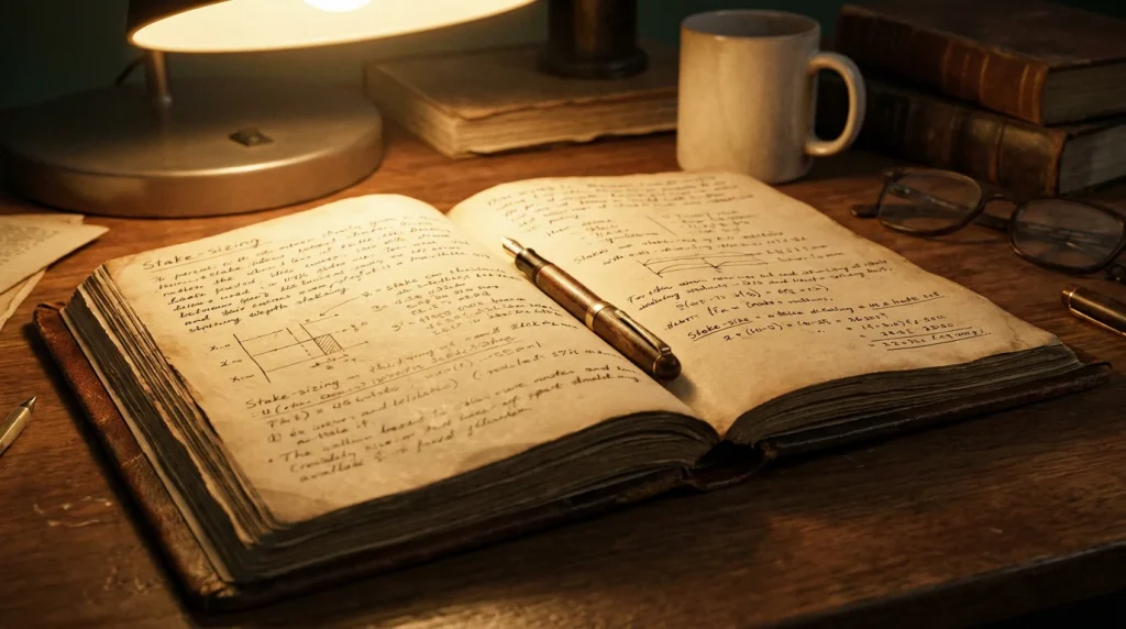 Stake sizing notes in a hardcover notebook with a pen across the page