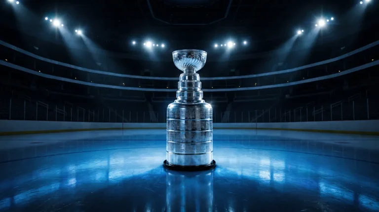 Stanley Cup trophy on display under arena lights ahead of the 2026 NHL playoffs