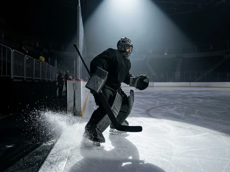NHL goaltender skating onto the ice for warm-ups before a game