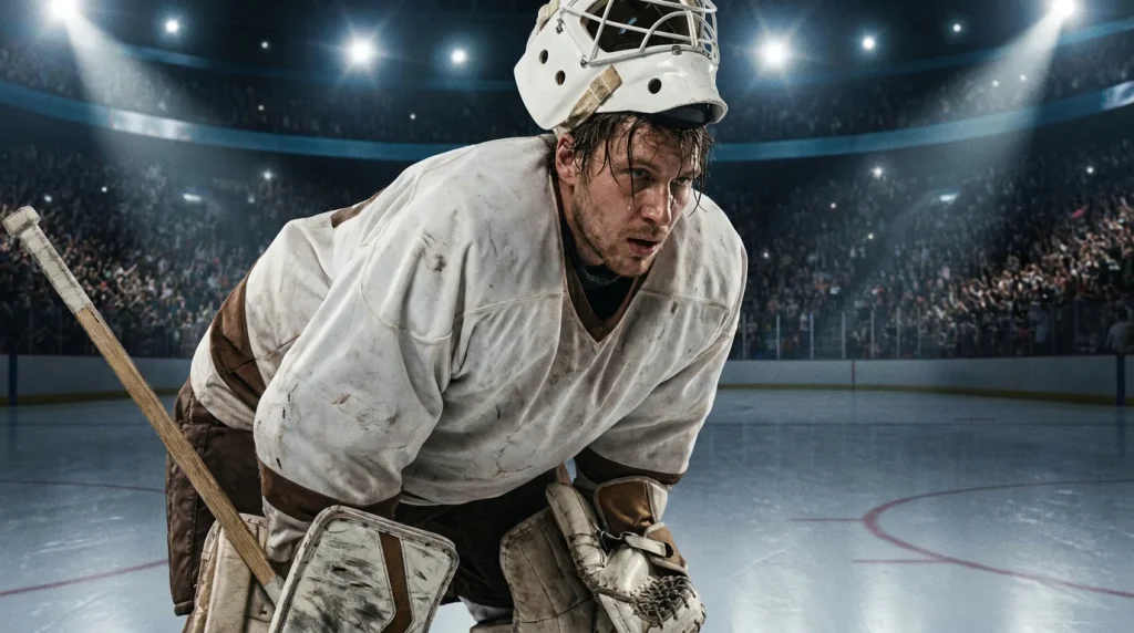 Third-period goaltender showing fatigue in body language