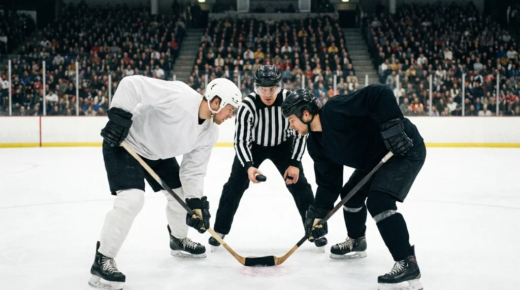 Players lining up for puck drop with the regulation-time market in focus