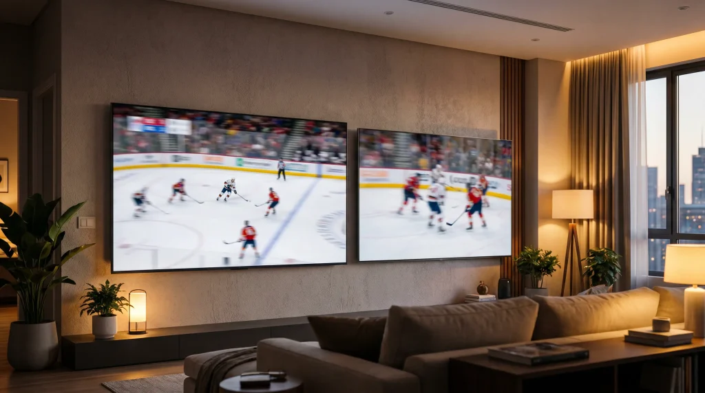 Two NHL games playing side by side on adjacent televisions