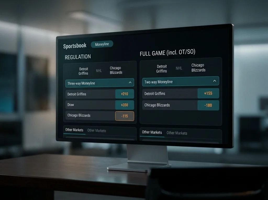 Sportsbook tab showing 60-minute regulation and full-game moneyline side by side
