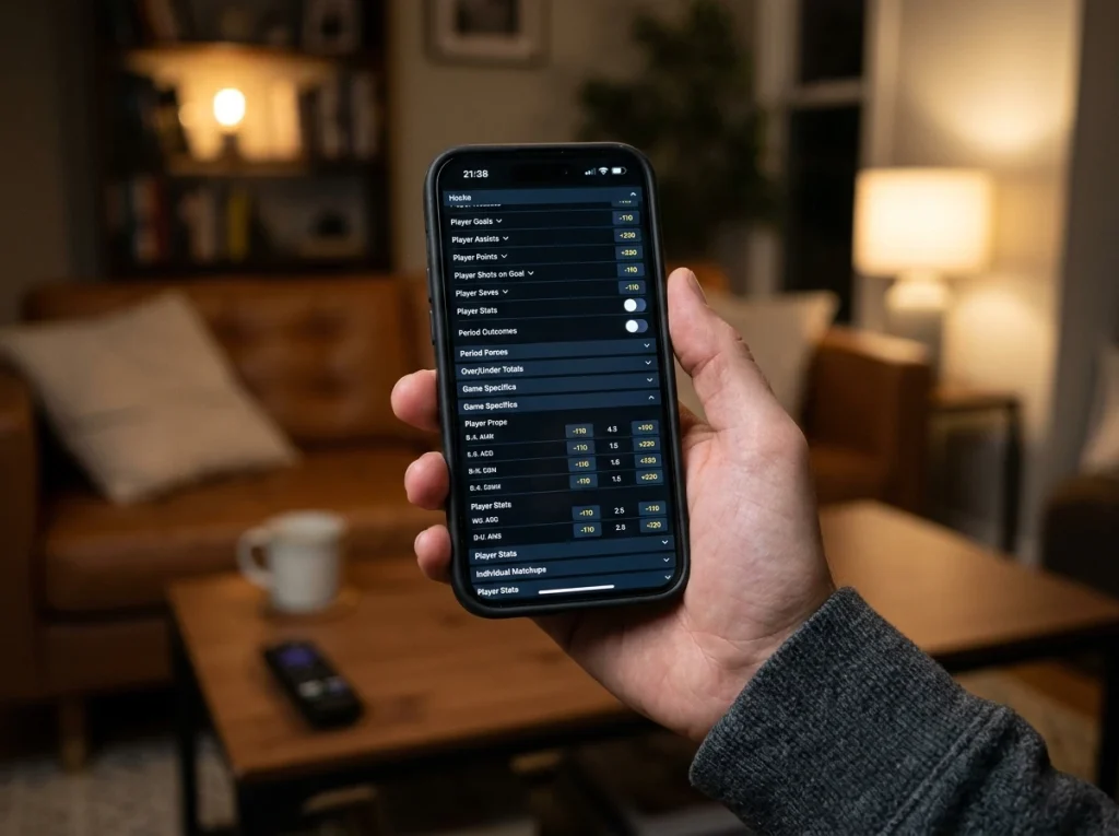 UK betting app showing the props menu for an NHL game