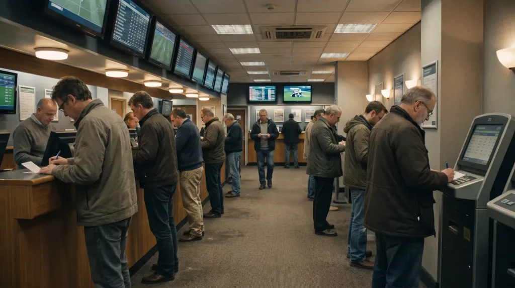 UK high-street betting shop interior with overhead odds boards