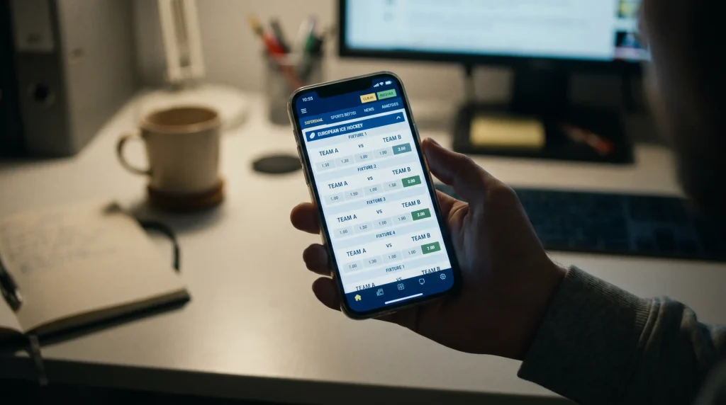 UK mobile betting app showing European hockey match list