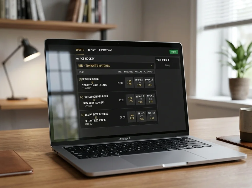 UK sportsbook desktop interface showing NHL moneyline and puck line markets