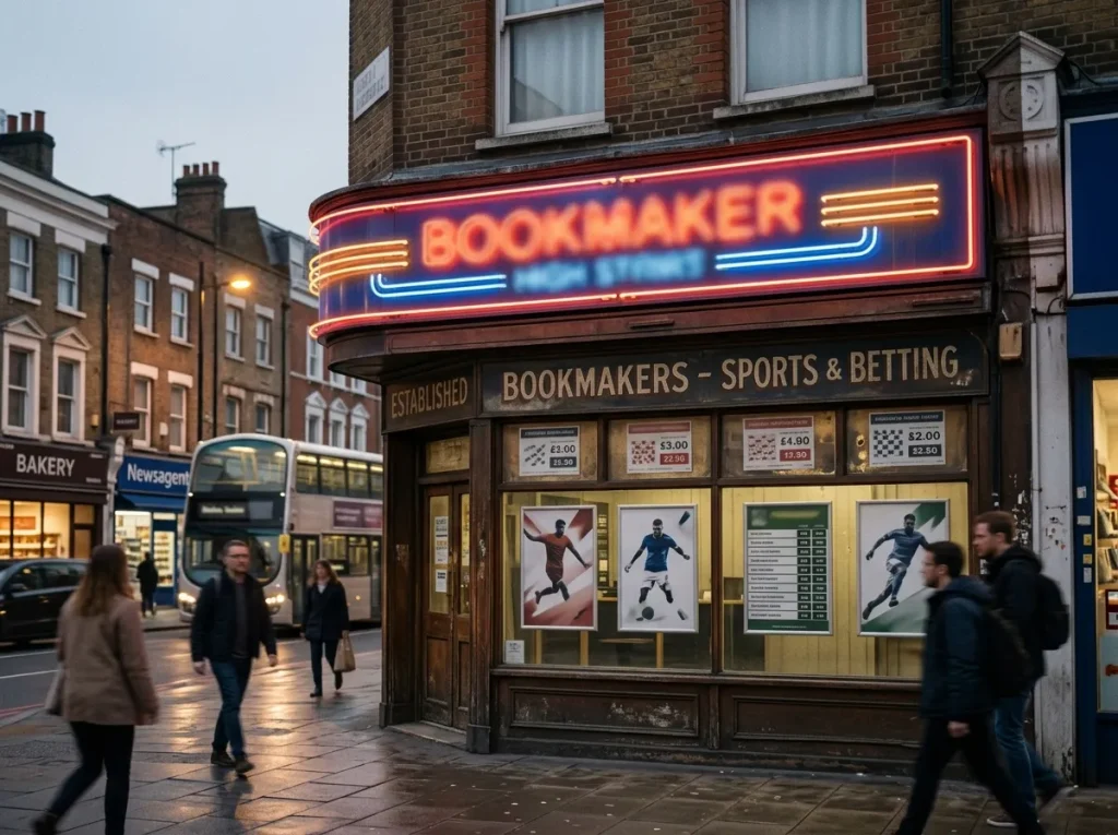 Generic London high-street bookmaker shop window at dusk