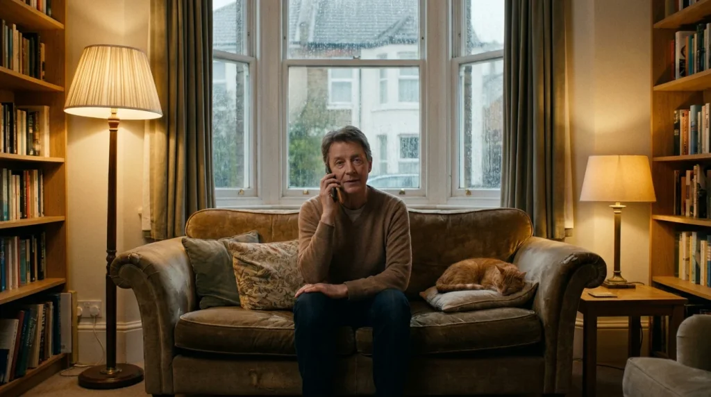 UK person speaking on the phone to a confidential helpline in a calm setting