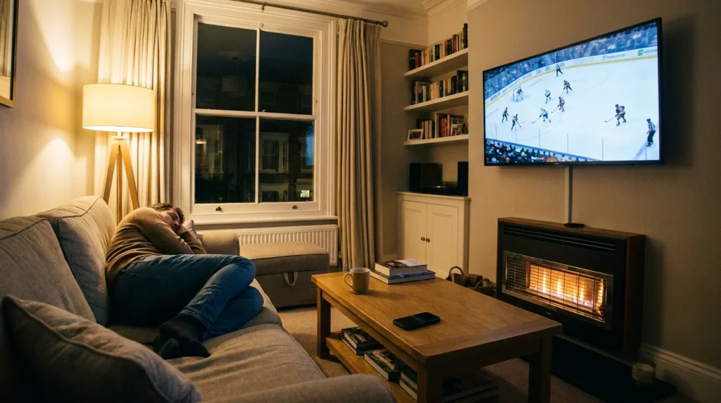 UK hockey fan watching an NHL game in the evening with a phone nearby