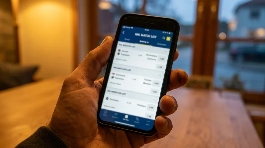 Generic UK mobile betting app showing an NHL match list