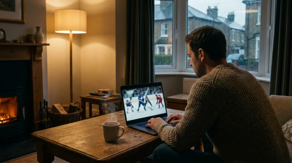 UK fan watching an IIHF World Championship stream on a laptop in the evening