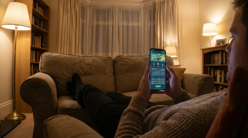 UK punter using a mobile sports-betting app on a sofa