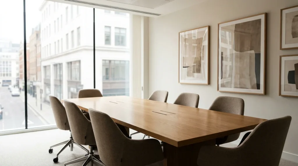 Generic UK regulatory office meeting room with a long table