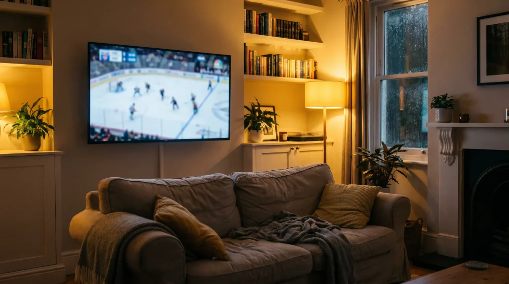 UK living room with a hockey game streaming on TV in the evening