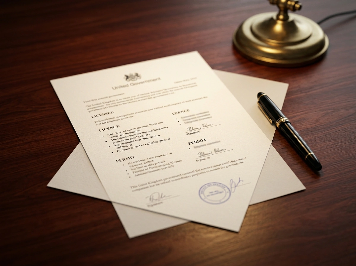 UK Gambling Commission licensing document on a desk with a fountain pen