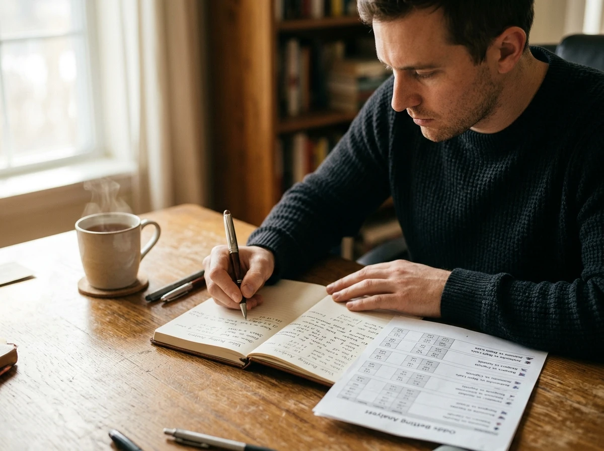 Hockey analyst studying handwritten notes and a printed odds sheet at a desk