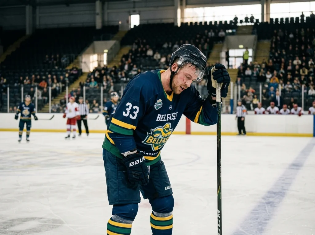 EIHL player skating in a Sunday afternoon match looking visibly tired