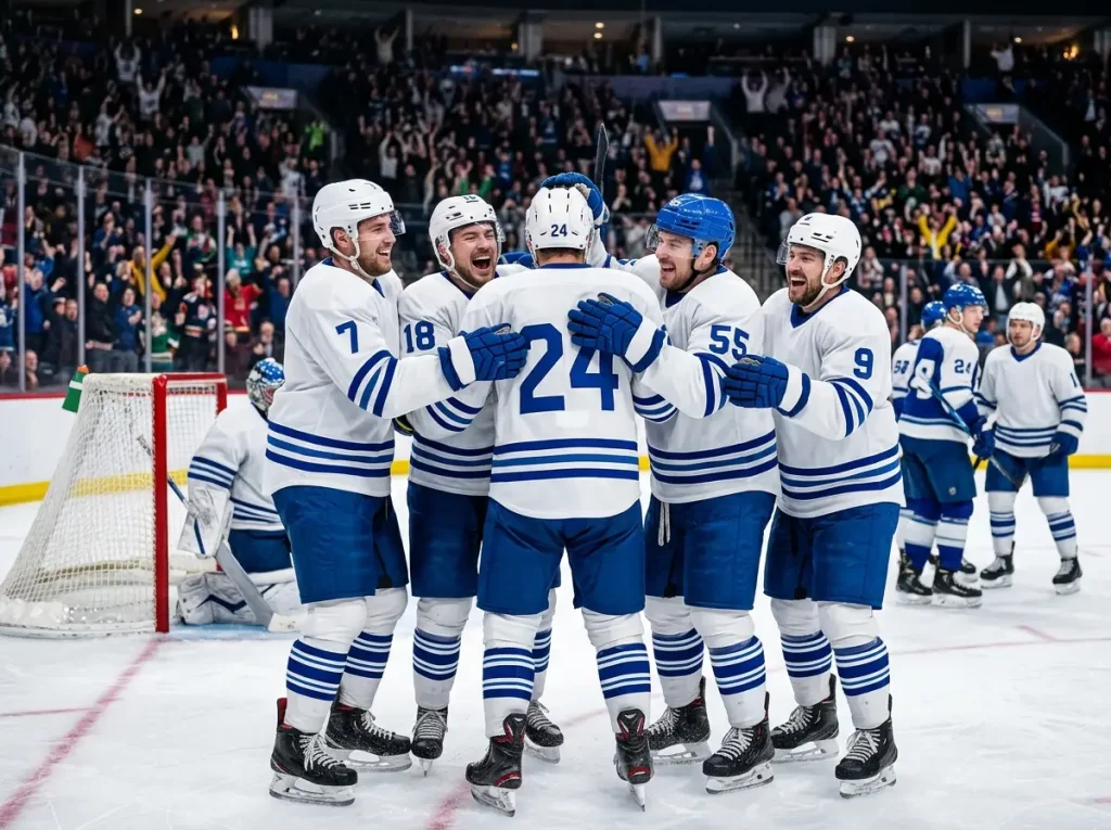 Power play unit celebrating after a one-timer goal