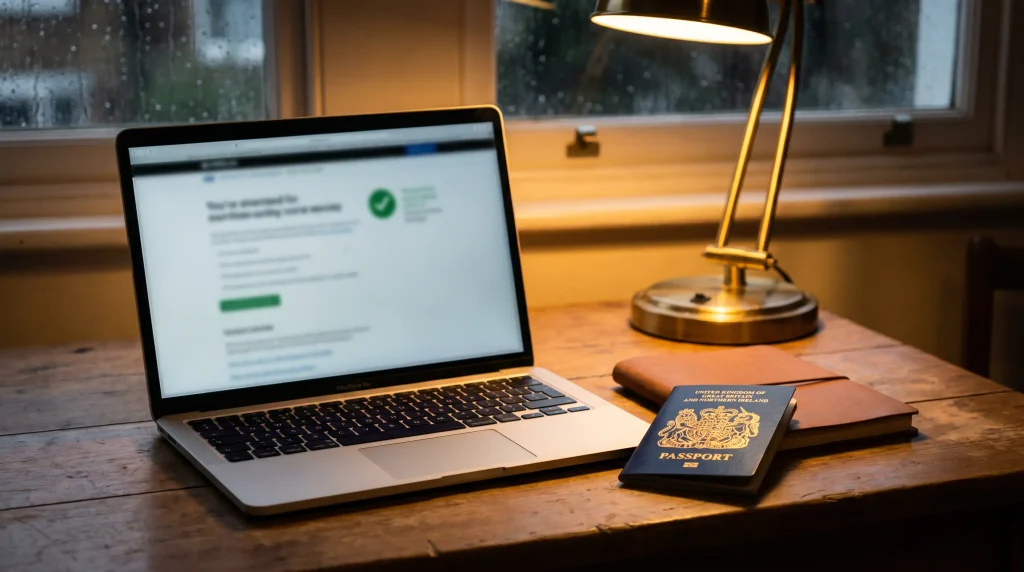 Withdrawal confirmation screen open on a laptop with a passport beside it